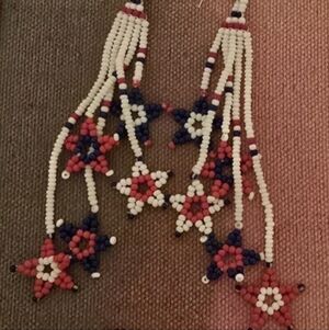 Native American Beaded Star Fringe Necklace Earrings - Red White Blue